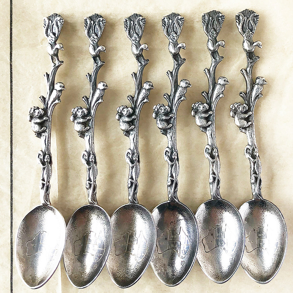 Box Set of Vintage Rodd Teaspoons featuring Australian Animals including a Koala, Kookaburra, Iguana and a Peacock