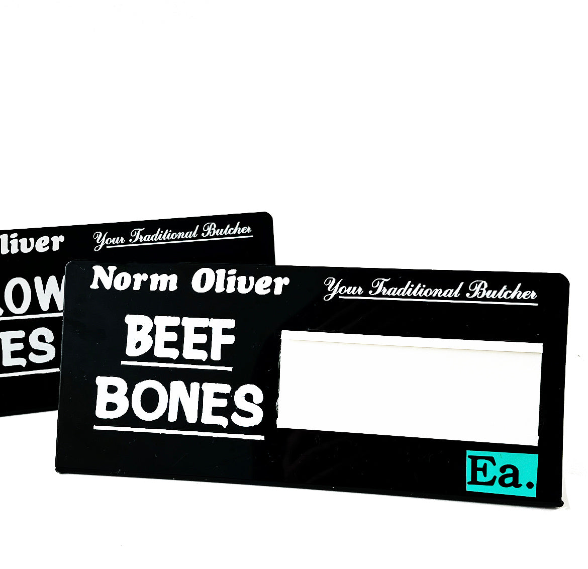 Pair of Norm Oliver Black Perspex Butcher's Display Signs