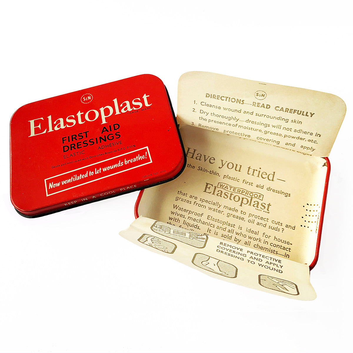 Vintage Red Elastoplast First Aid Dressings Tin with original dressings at Ten Green Balloons Marketplace