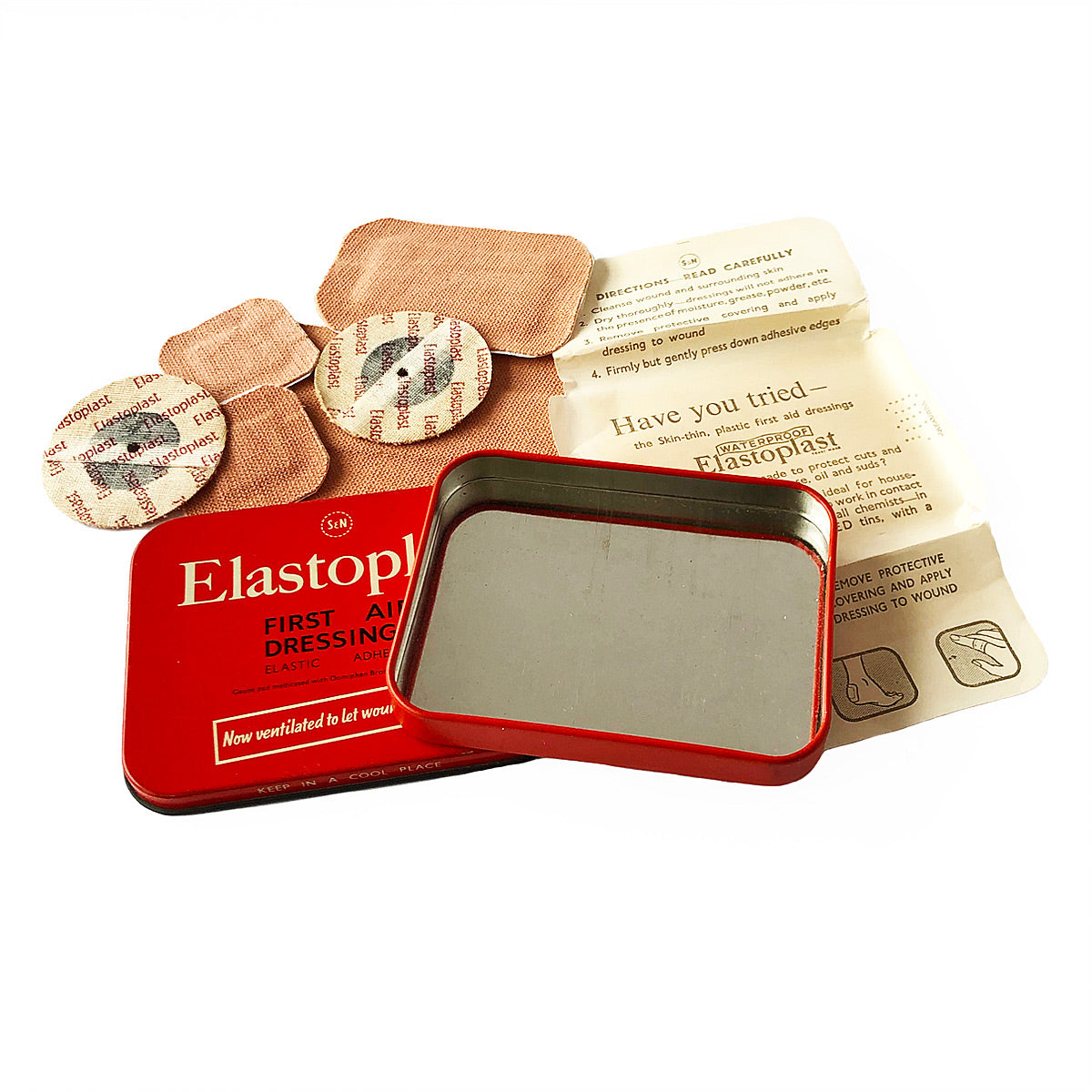 Vintage Red Elastoplast First Aid Dressings Tin with original dressings at Ten Green Balloons Marketplace