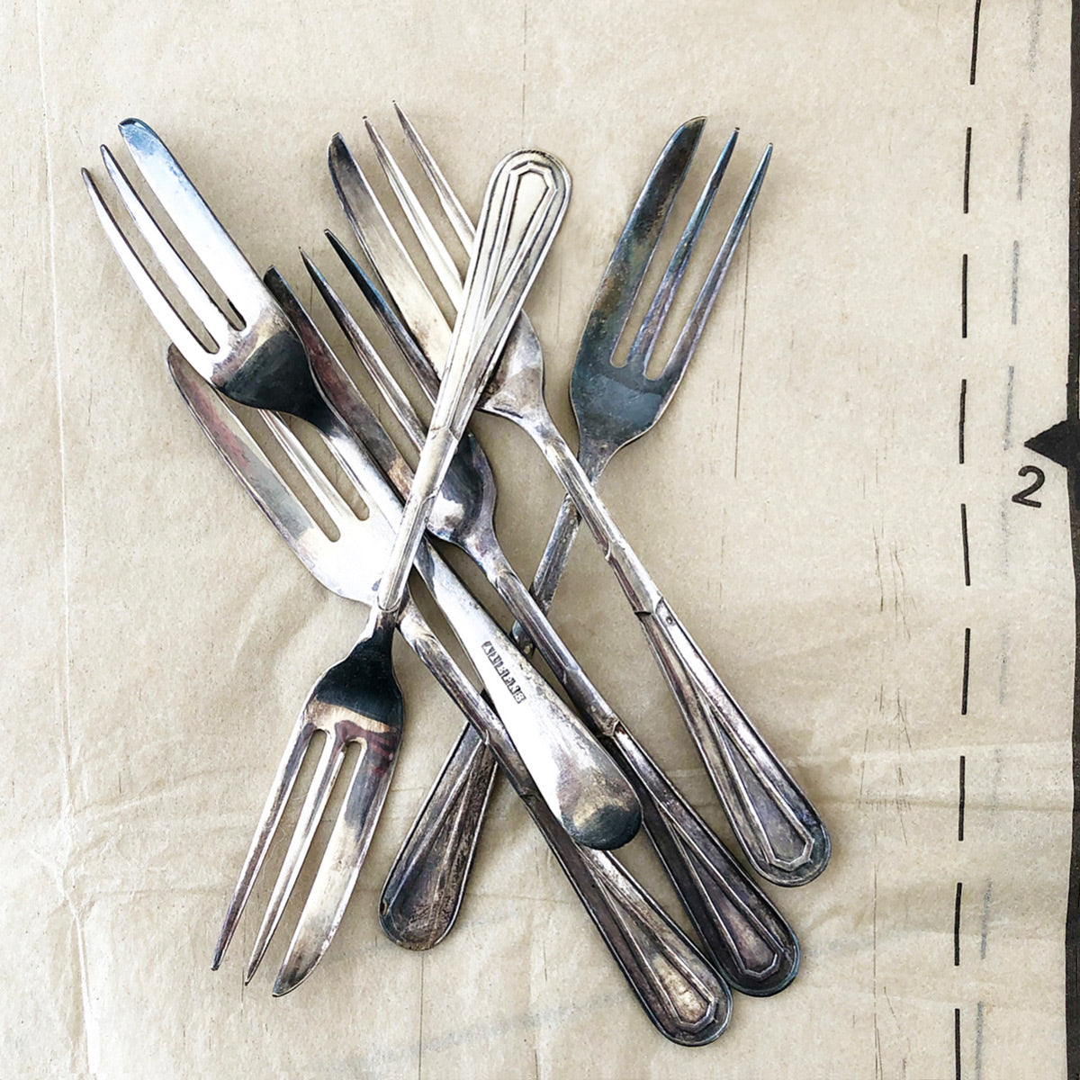 Six Vintage Silver Plated Art Deco Style Cake Forks at Ten Green Balloons Marketplace